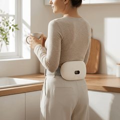 Heated waist belt turned round to sit on the lower back