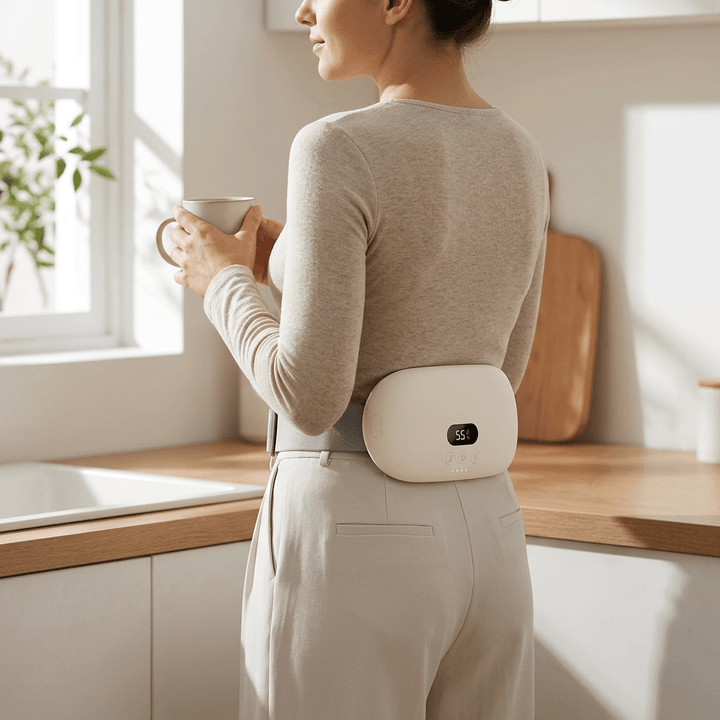 Heated waist belt turned round to sit on the lower back