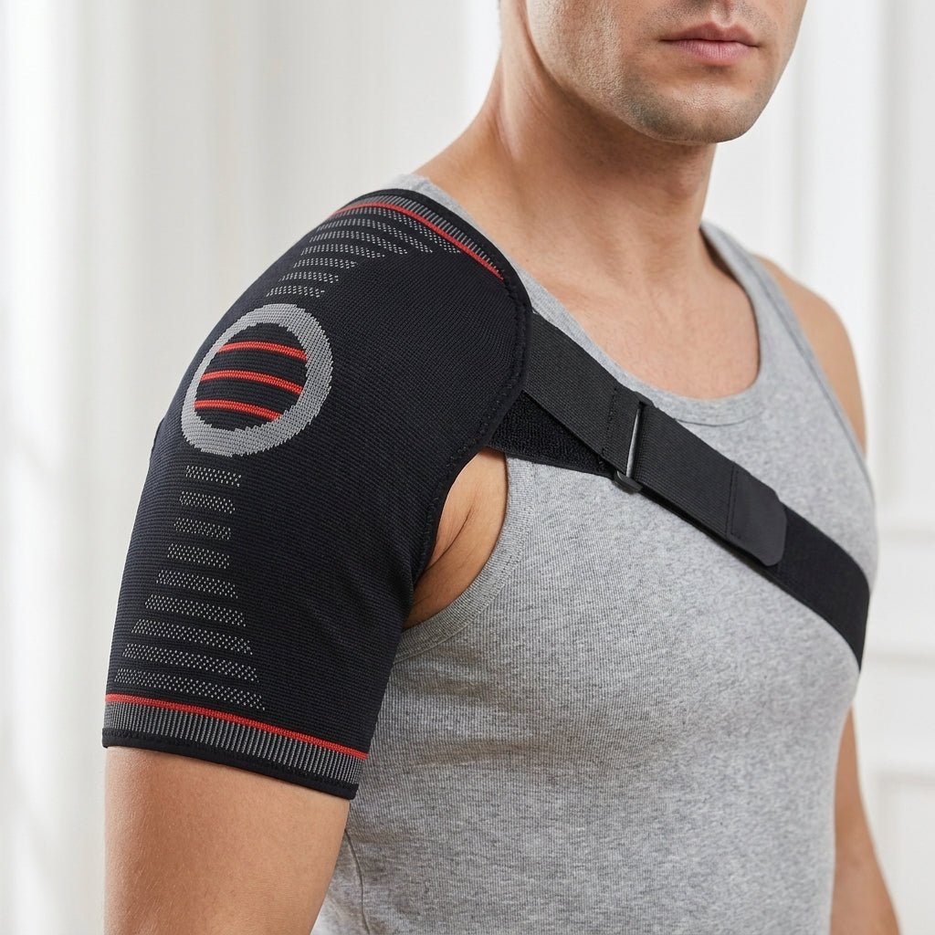 Man wearing the shoulder support with the strap across the chest