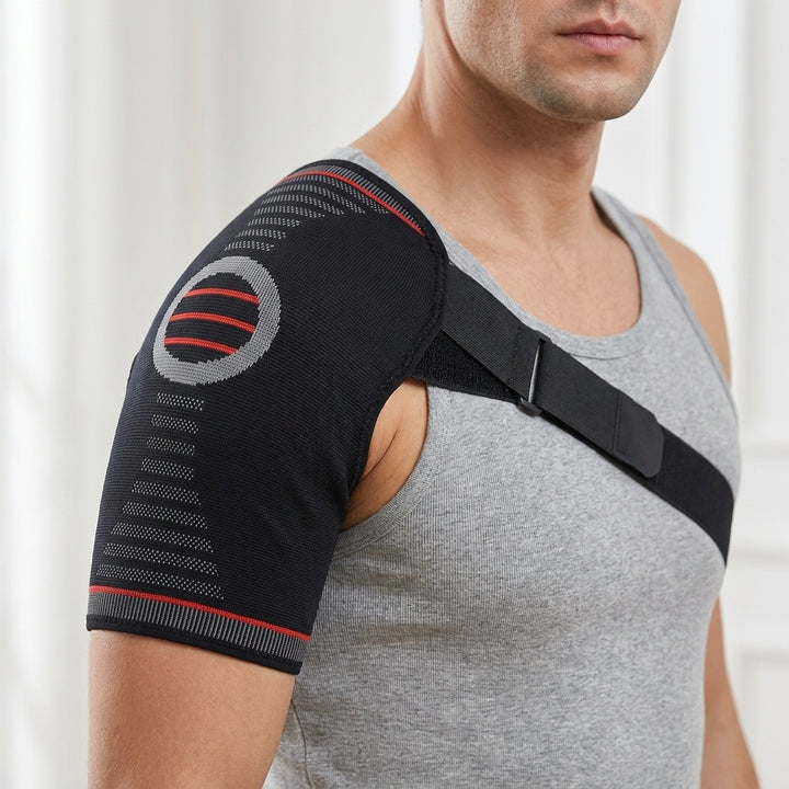 Man wearing the shoulder support with the strap across the chest