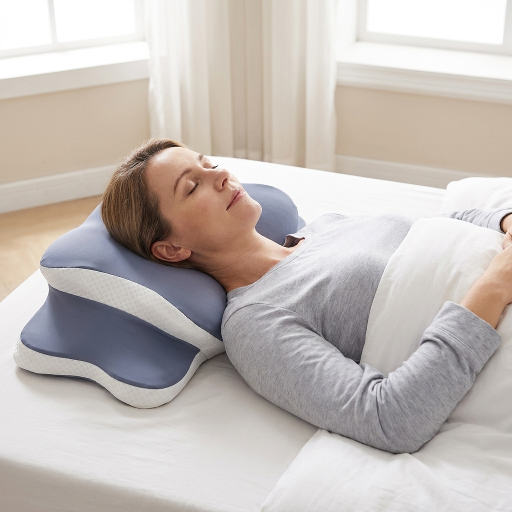 A neck pillow shaped for sleeping on your back