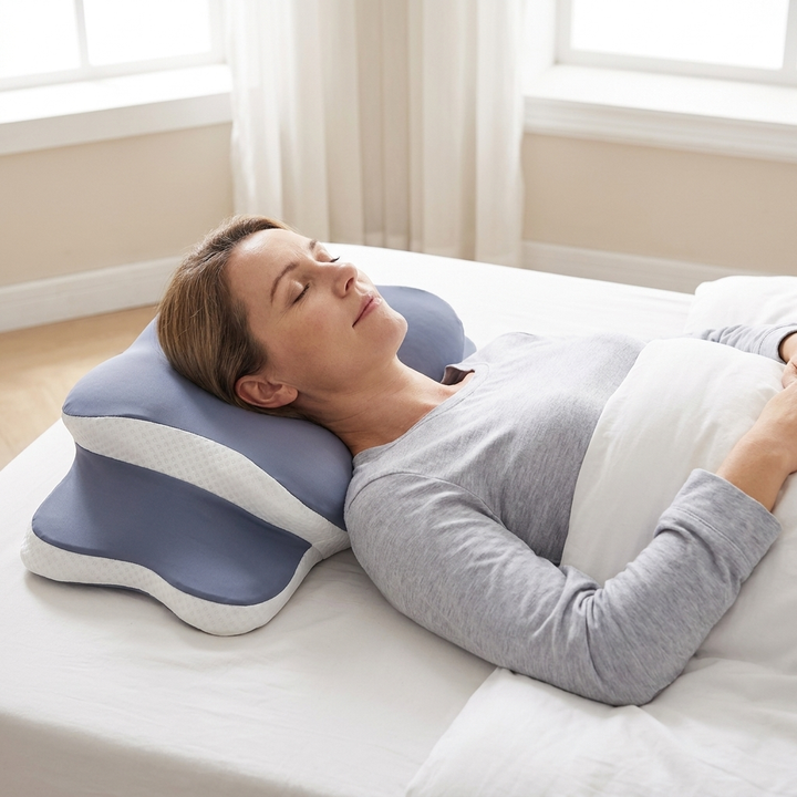 A neck pillow shaped for sleeping on your back
