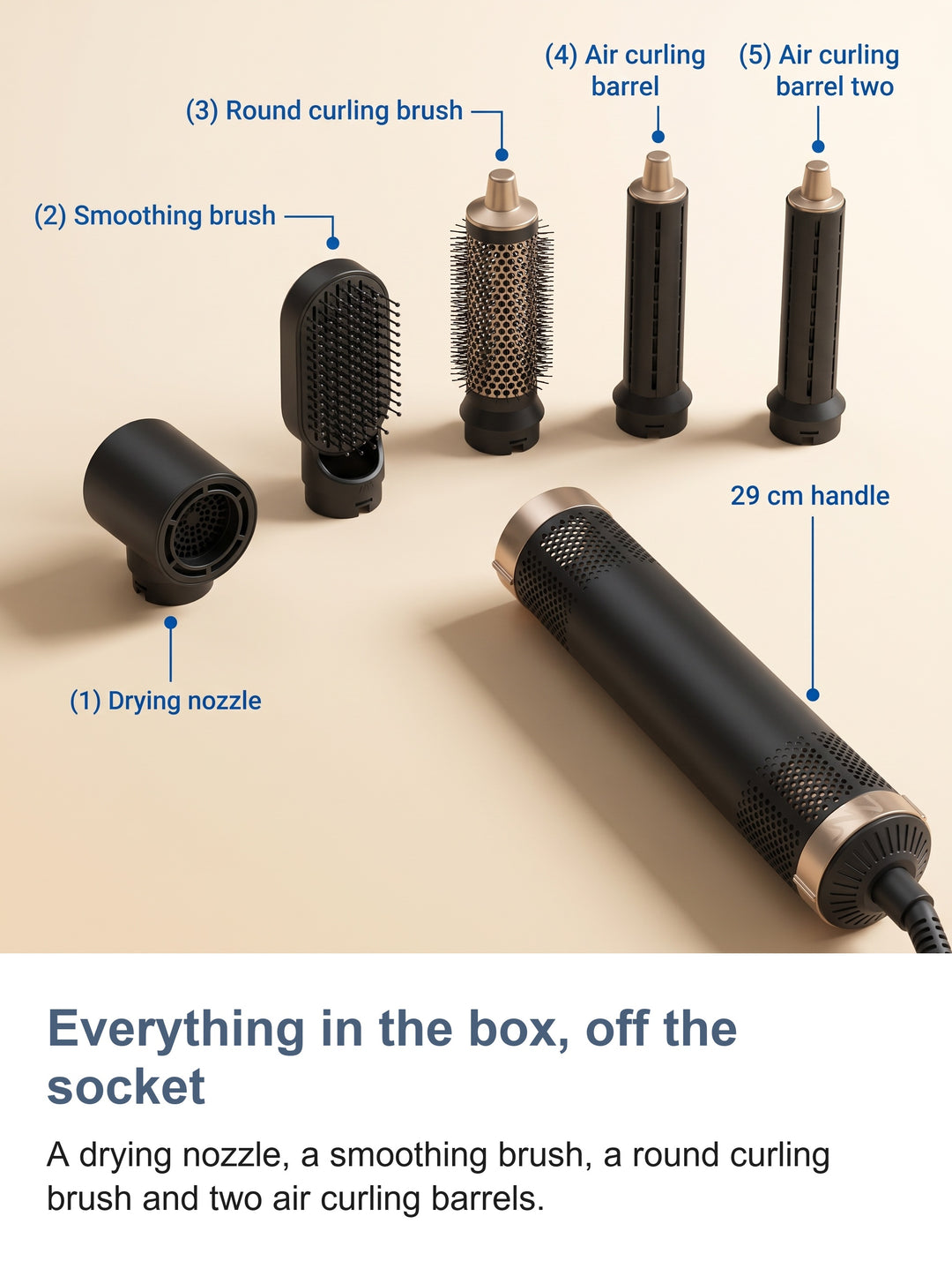 The five heads of the 5 in 1 hair styler pulled off the handle socket and named
