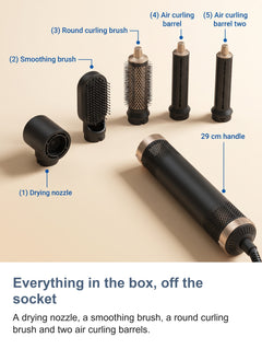 The five heads of the 5 in 1 hair styler pulled off the handle socket and named
