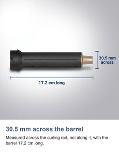 The curling rod measured across the barrel, 30.5 mm across and 17.2 cm long