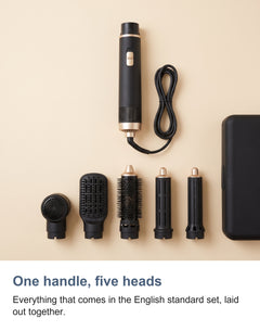 What is in the box: the hot air styler handle and its five interchangeable heads