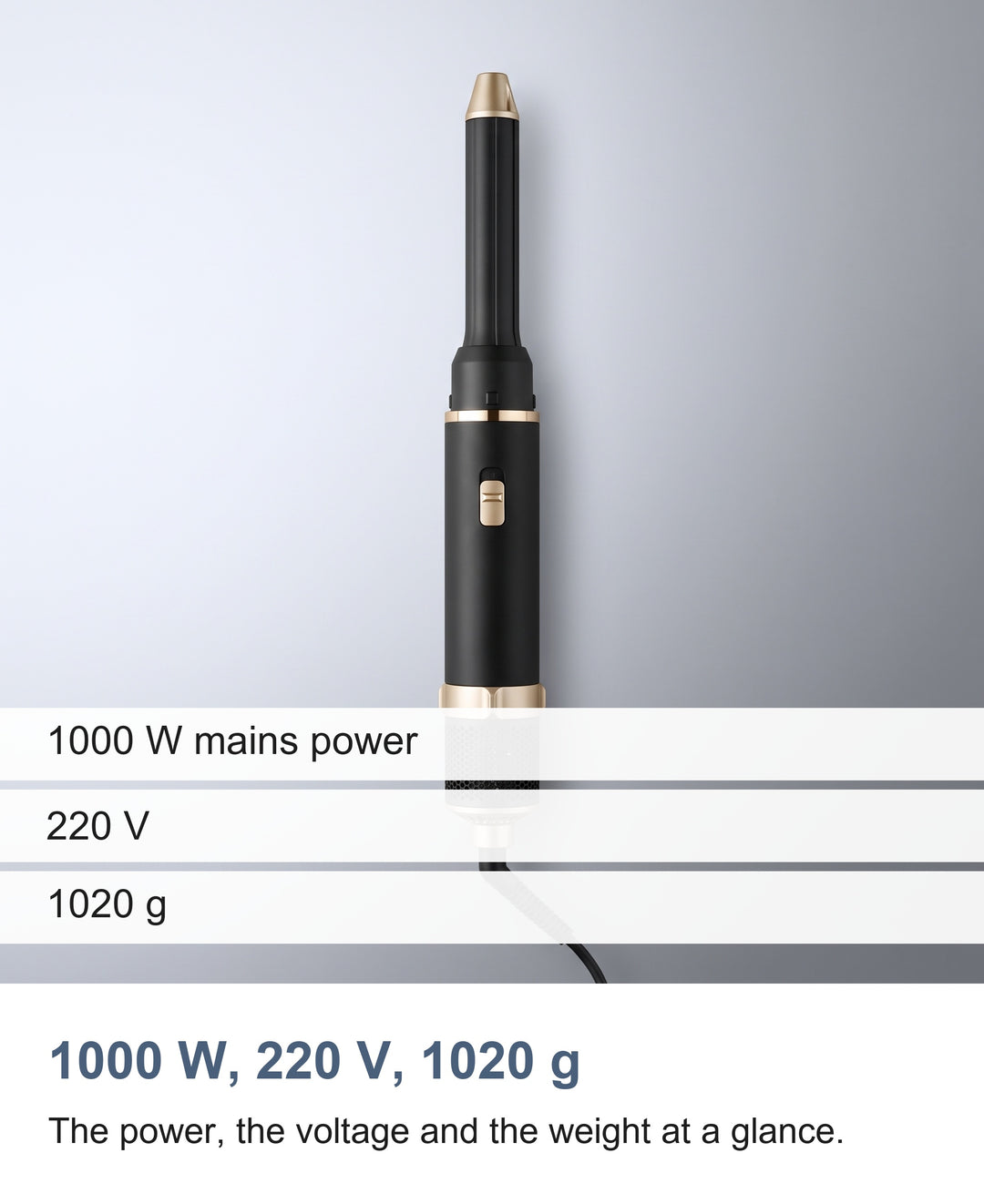 The three figures on the supplier record for the hot air styler: 1000 W, 220 V and 1020 g