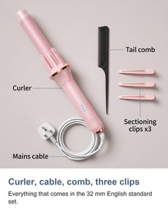 Curler, cable, comb, three clips. Everything listed on the supplier card for the 32 mm English standard set.