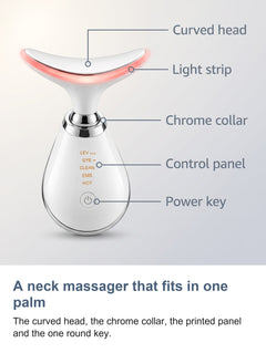 Labelled view of the neck and face massager showing the curved head, the light strip, the chrome collar, the printed panel and the power key