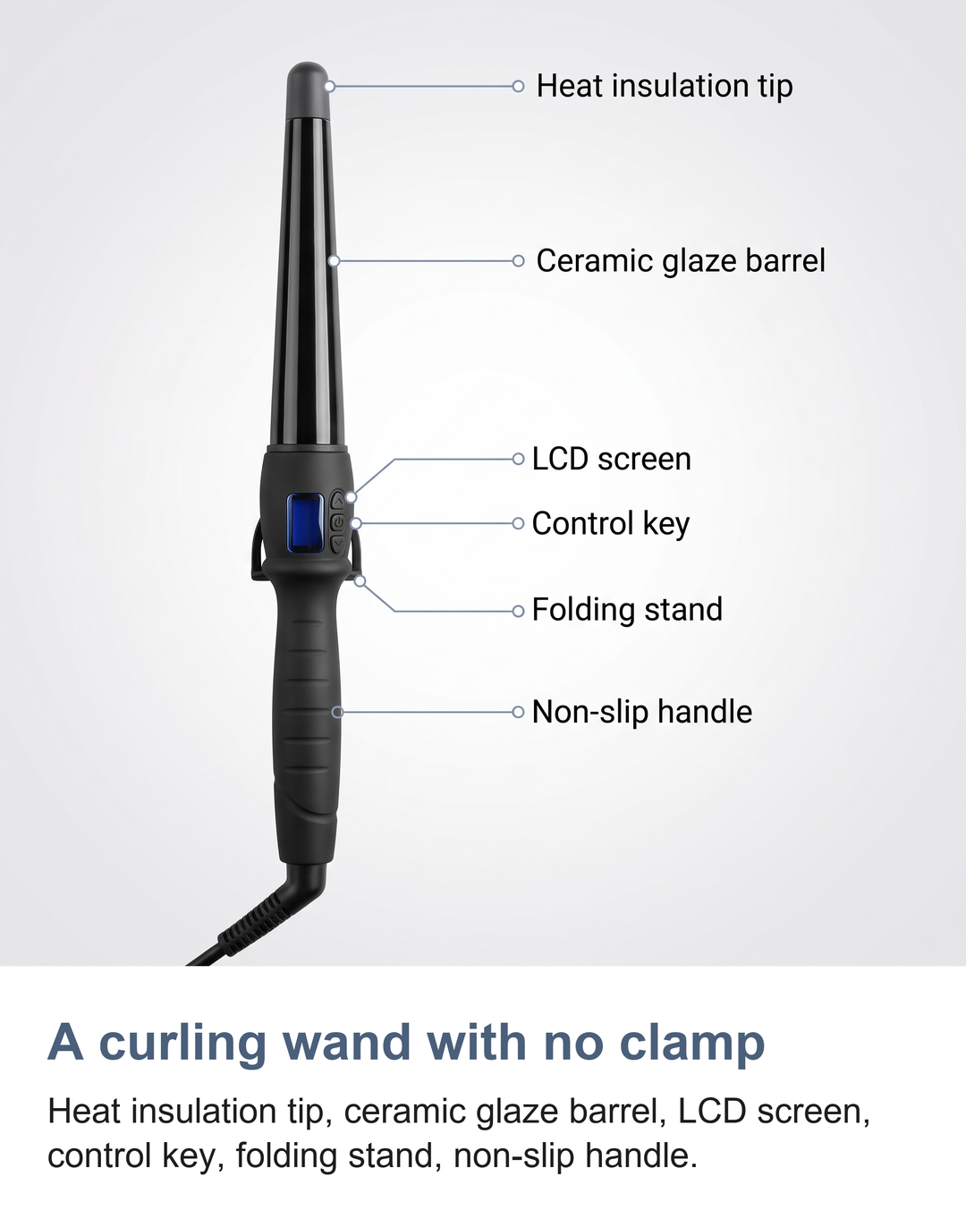 Labelled view of the conical curling wand showing the heat insulation tip, ceramic glaze barrel, LCD screen, control key, folding stand and non-slip handle