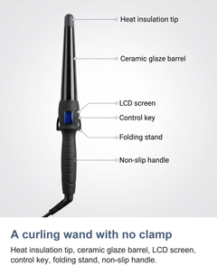 Labelled view of the conical curling wand showing the heat insulation tip, ceramic glaze barrel, LCD screen, control key, folding stand and non-slip handle
