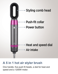 Labelled view of the hot air styler brush: styling comb head, push-fit collar, power button, heat and speed dial and air intake
