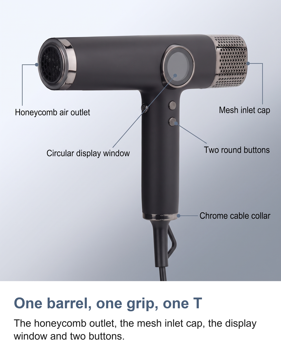 Labelled view of the ionic hair dryer: honeycomb air outlet, display window, mesh inlet cap, two buttons and chrome cable collar