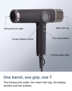 Labelled view of the ionic hair dryer: honeycomb air outlet, display window, mesh inlet cap, two buttons and chrome cable collar