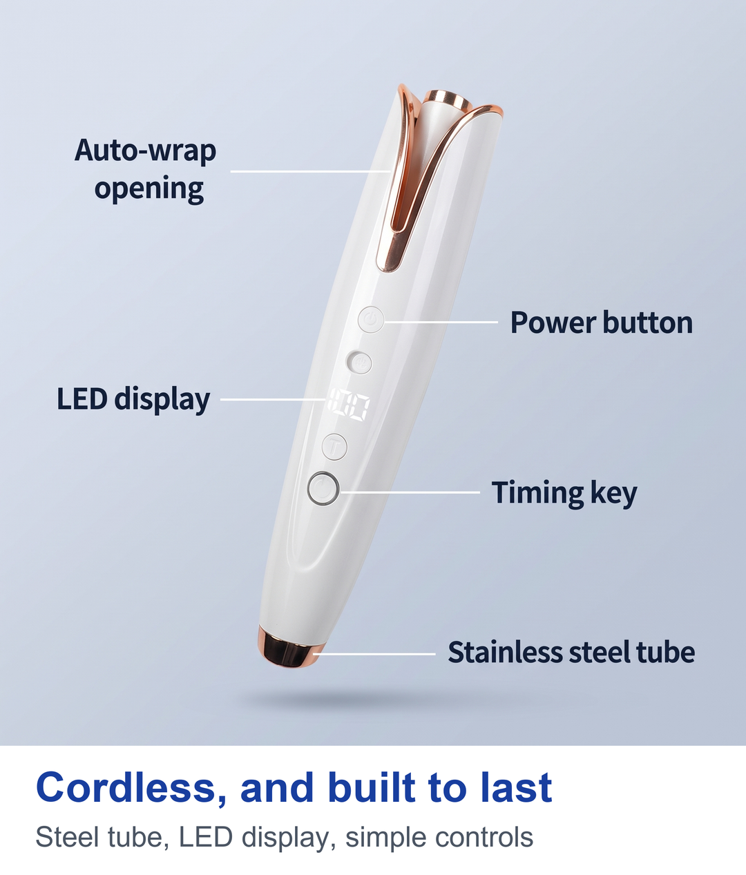 Labelled view of the cordless automatic curling iron showing the auto-wrap opening, LED display, power button, timing key and stainless steel tube