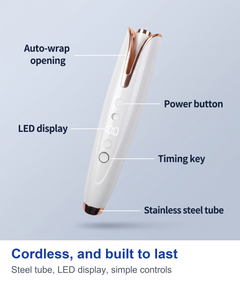 Labelled view of the cordless automatic curling iron showing the auto-wrap opening, LED display, power button, timing key and stainless steel tube