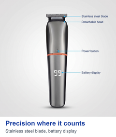 Trimmer body with labelled stainless steel blade, battery display, detachable head