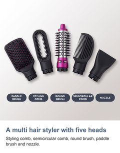 The five heads of the hair styler named: paddle brush, styling comb, round brush, semicircular comb and nozzle