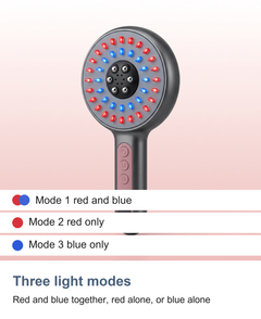 The three light modes of the scalp massager: red and blue, red only, blue only
