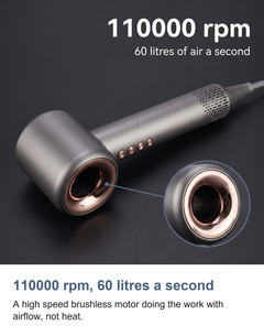 The hair dryer with its 110000 rpm motor speed and 60 litres a second airflow