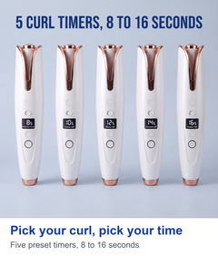 Five automatic curling irons each showing one of the five curl timer presets on the LED display, with a headline for 5 curl timers 8 to 16 seconds