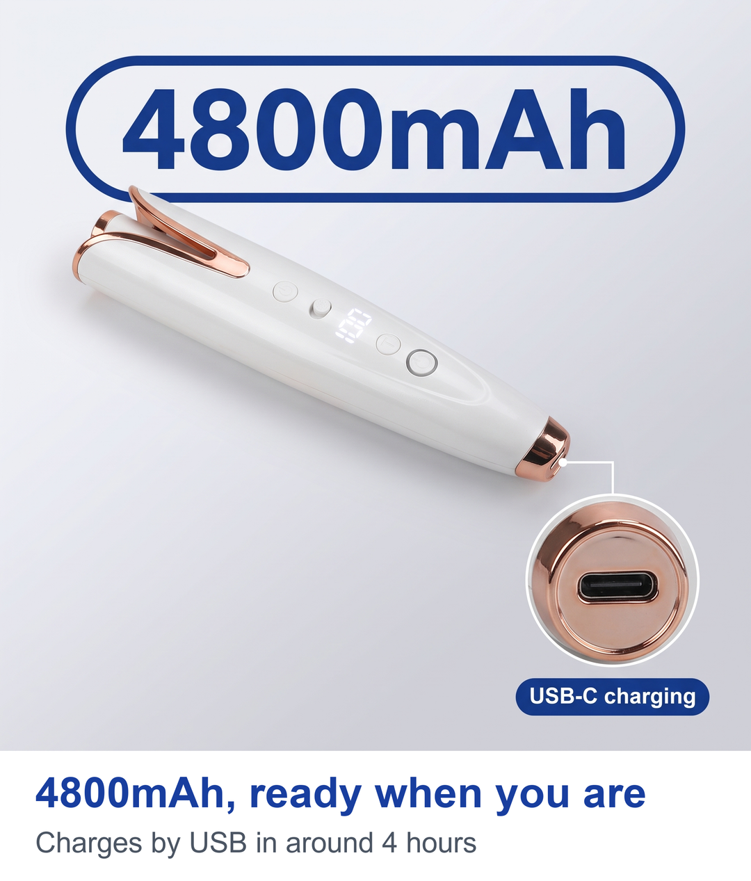 Automatic curling iron with a 4800mAh battery stat callout and a zoomed view of the USB-C charging port