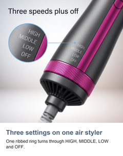 Close-up of the air styler dial ring showing the HIGH, MIDDLE, LOW and OFF settings