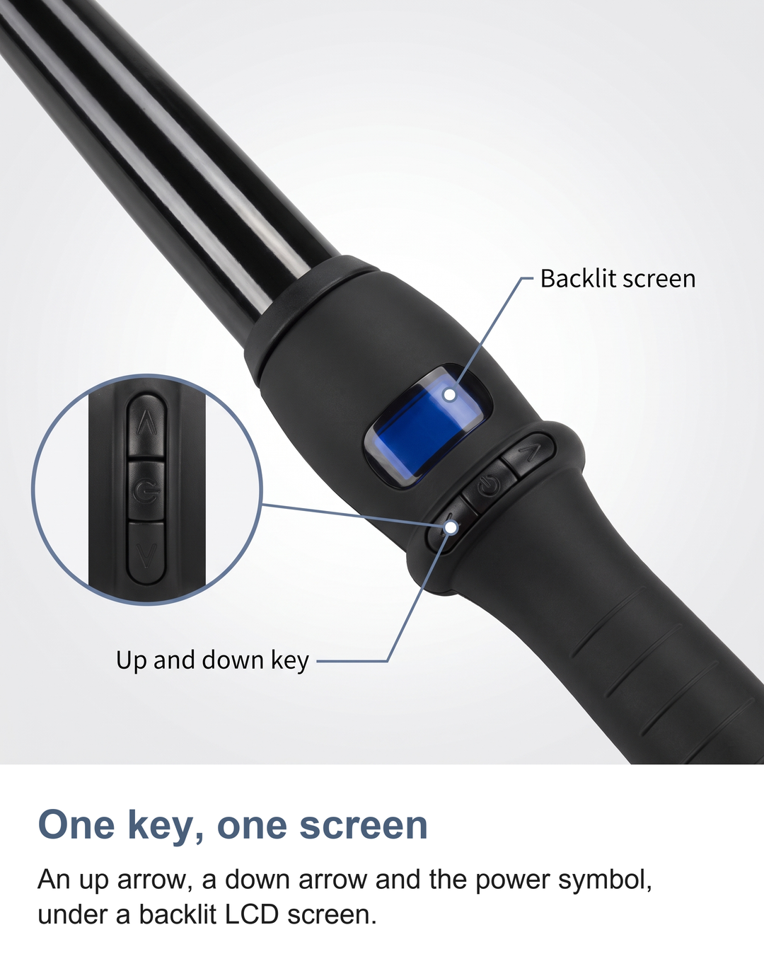 Close up of the curling wand collar showing the backlit LCD screen and the up and down control key