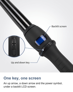 Close up of the curling wand collar showing the backlit LCD screen and the up and down control key