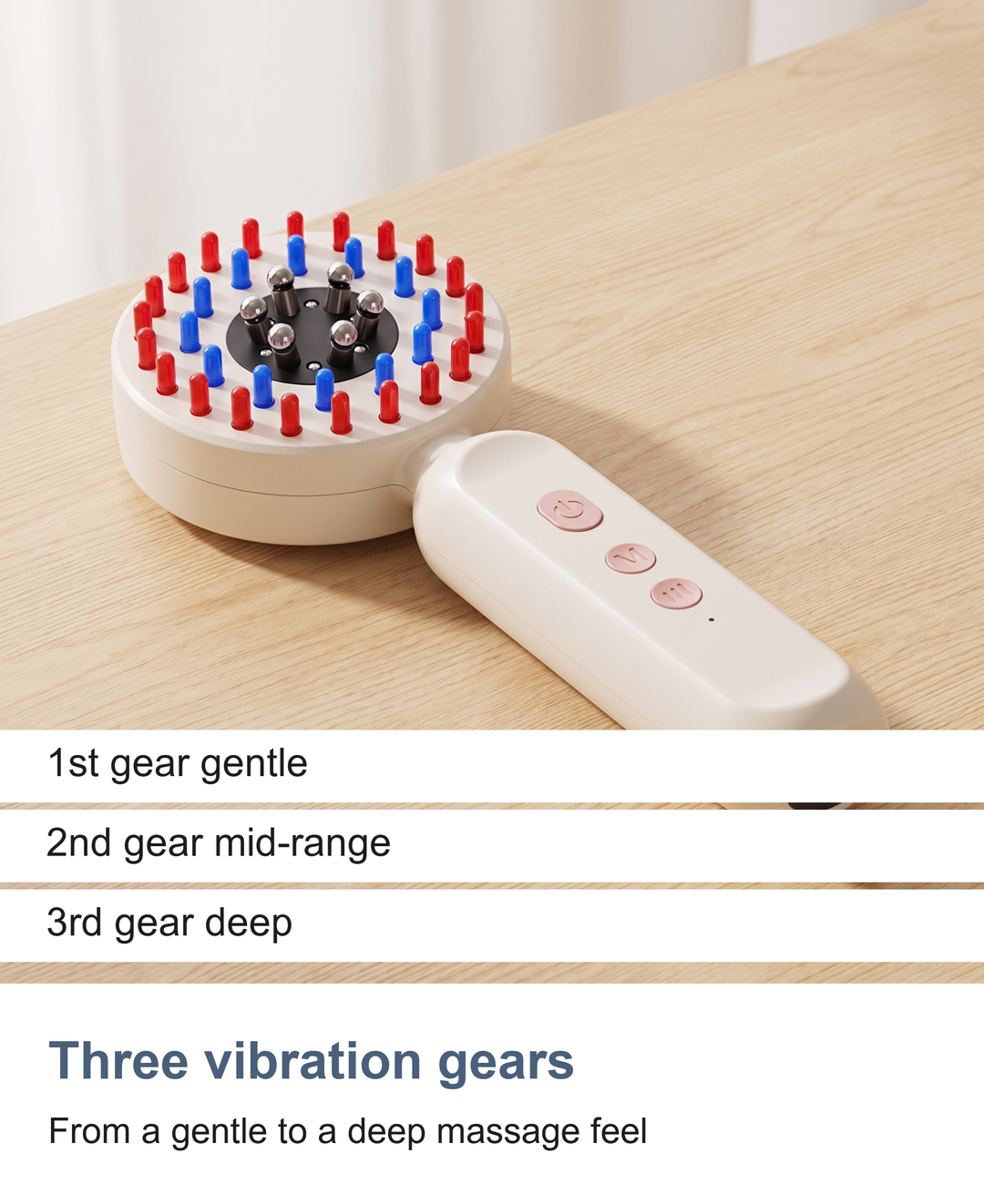 The three vibration gears of the scalp massager, gentle, mid-range and deep