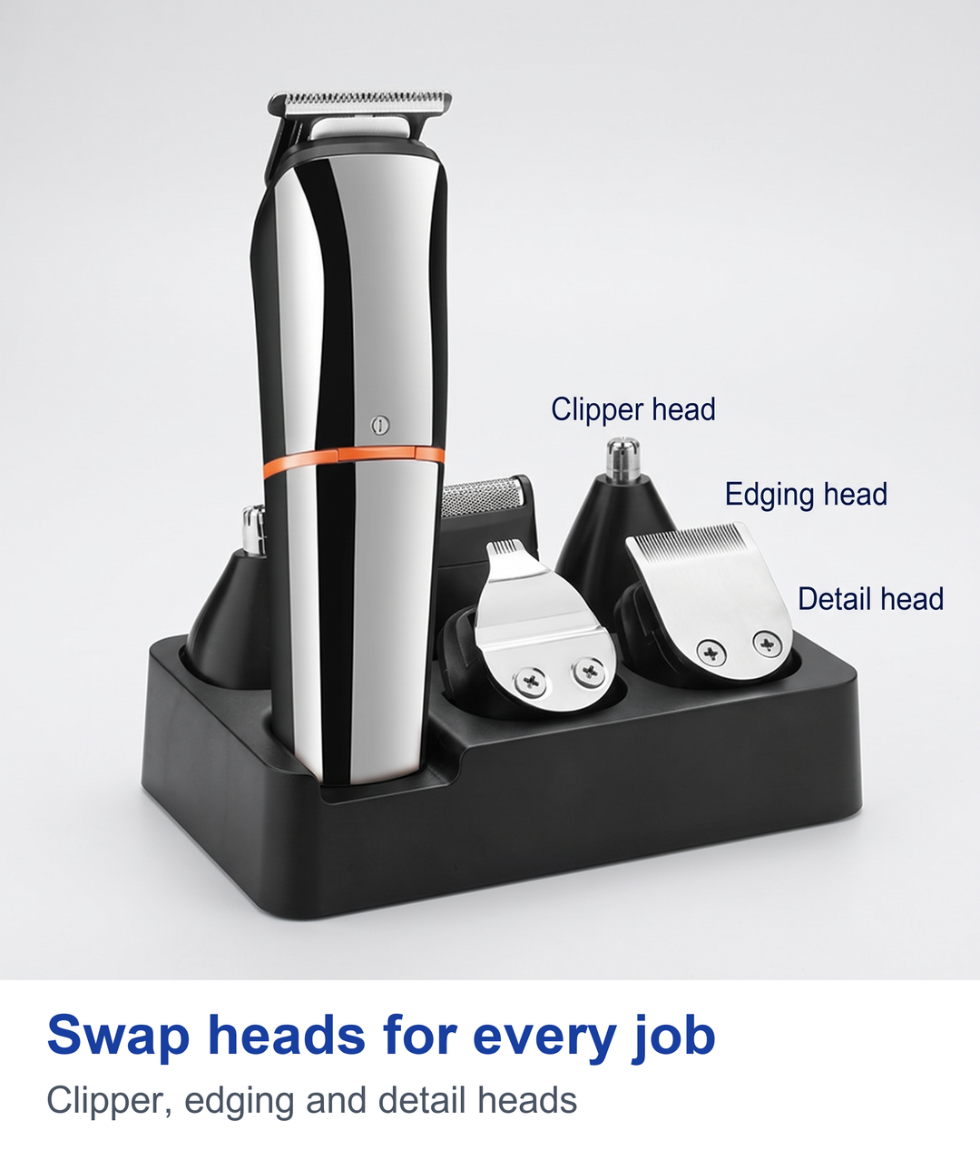 Trimmer handle with clipper, edging and detail heads fanned out