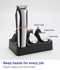 Trimmer handle with clipper, edging and detail heads fanned out