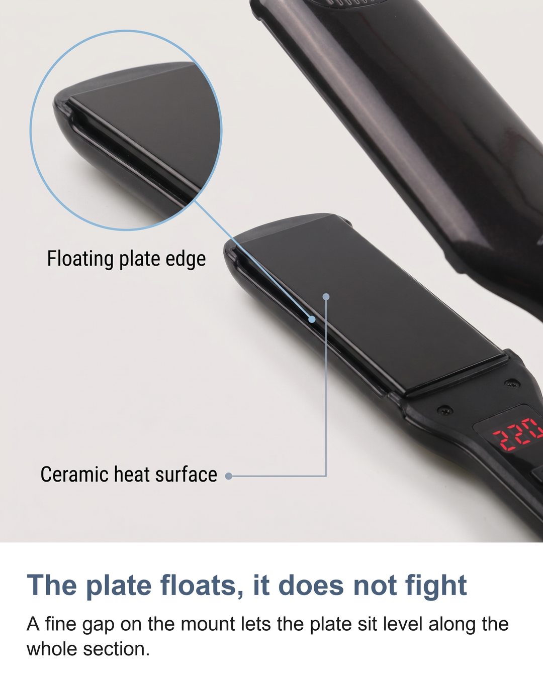 Macro of the floating ceramic plate of the hair straightener with a circular zoom on the plate edge