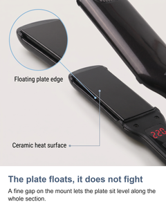 Macro of the floating ceramic plate of the hair straightener with a circular zoom on the plate edge