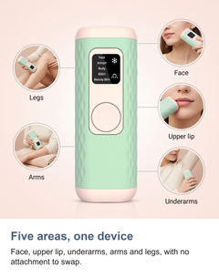 The IPL hair removal device with five labelled areas: face, upper lip, underarms, arms and legs