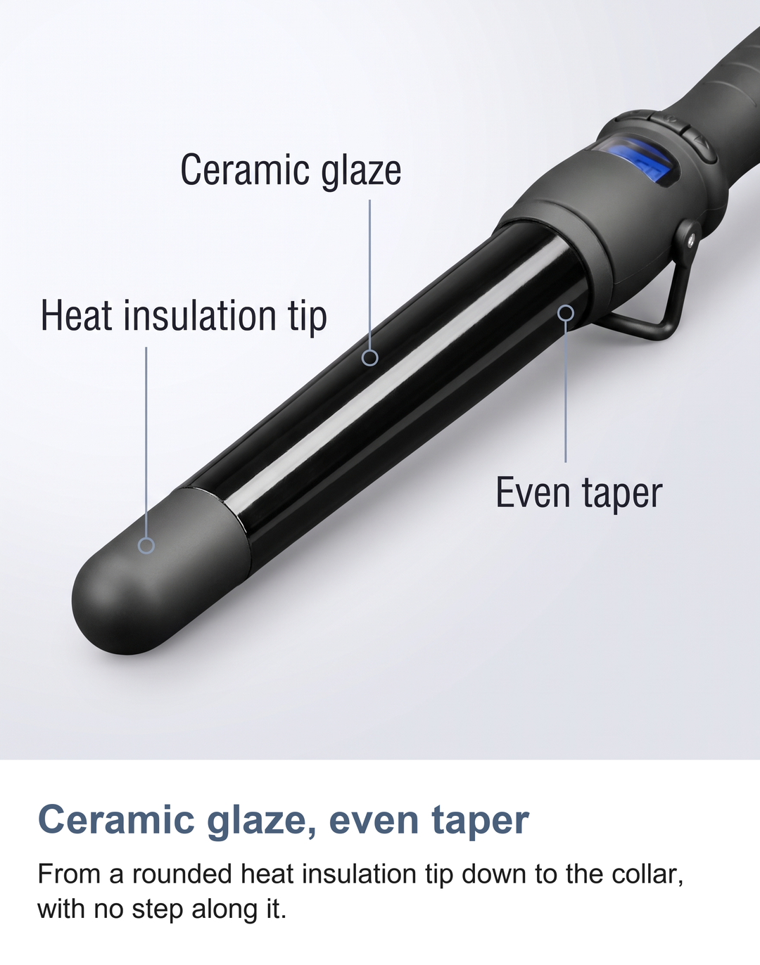 Macro of the ceramic glaze barrel and the rounded heat insulation tip of the conical curling wand