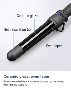 Macro of the ceramic glaze barrel and the rounded heat insulation tip of the conical curling wand