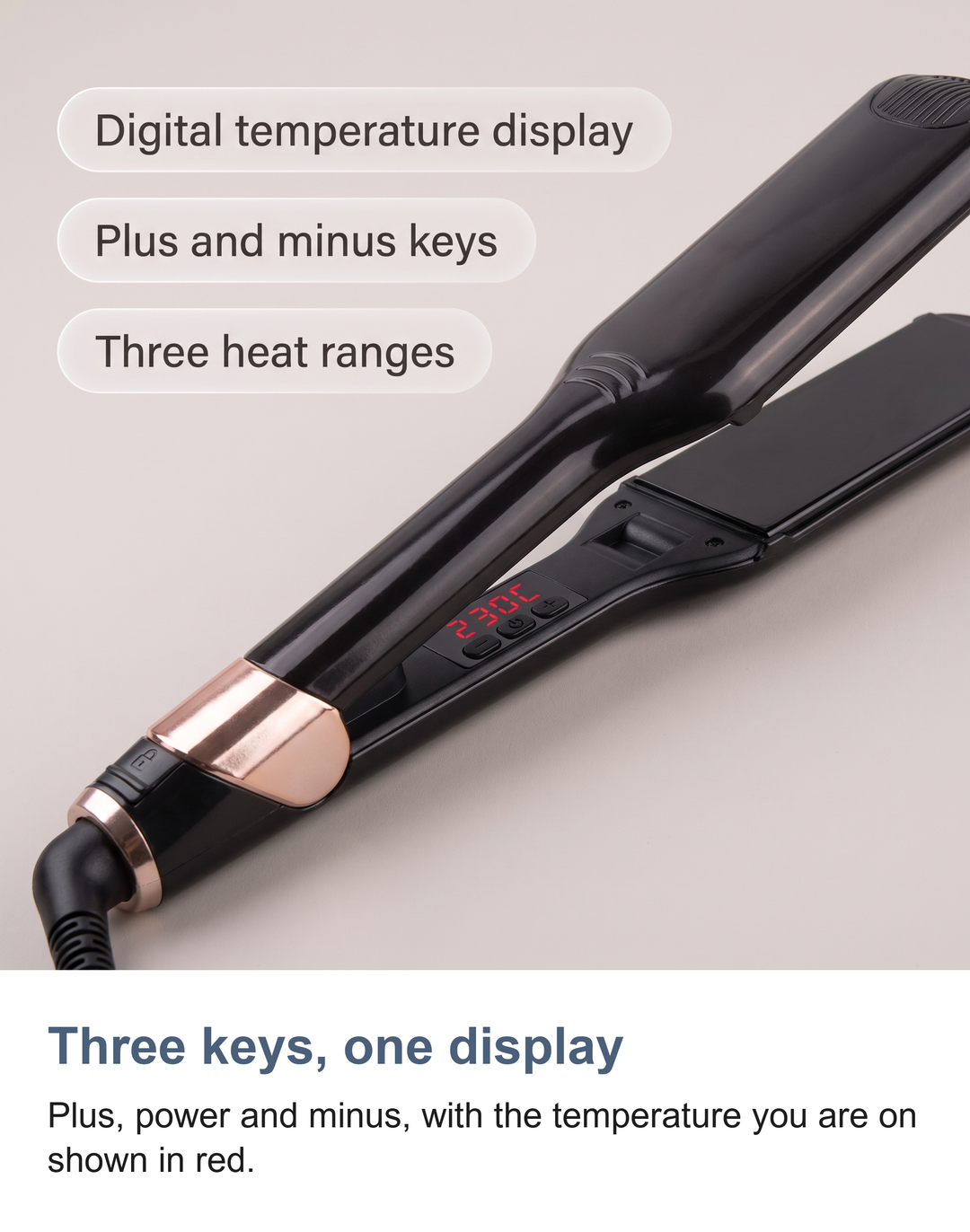 Close-up of the plus, power and minus keys and the digital temperature display on the hair straightener
