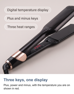 Close-up of the plus, power and minus keys and the digital temperature display on the hair straightener