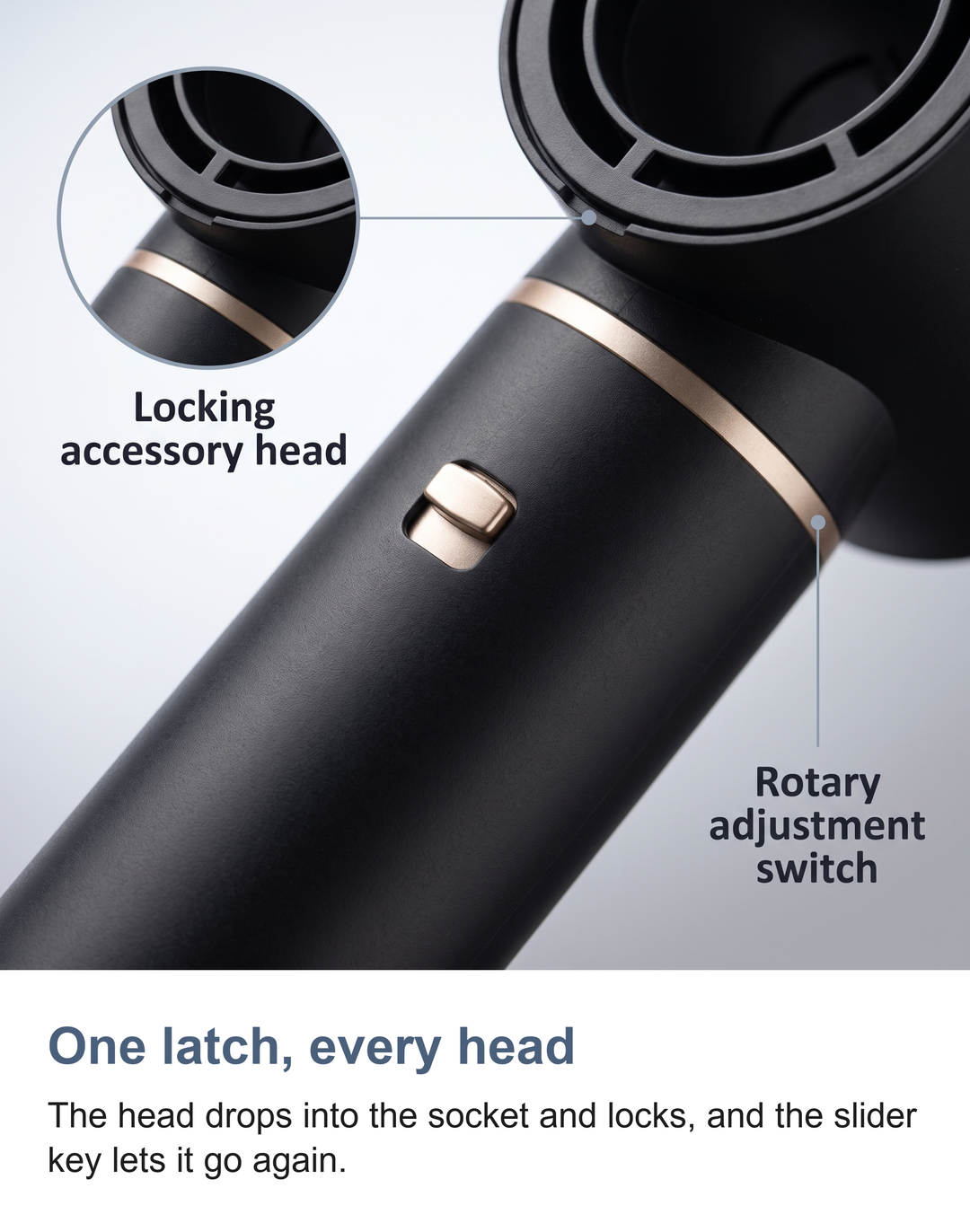 Close-up of the locking accessory head socket and the rotary adjustment switch on the styler