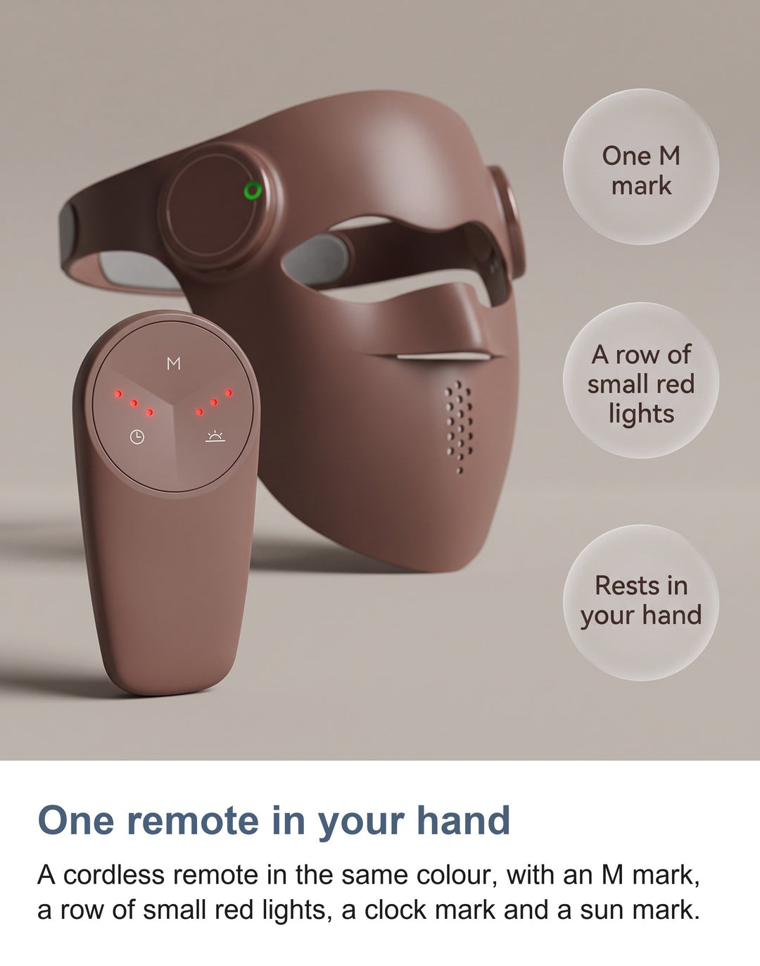 The handheld remote for the brown LED face mask