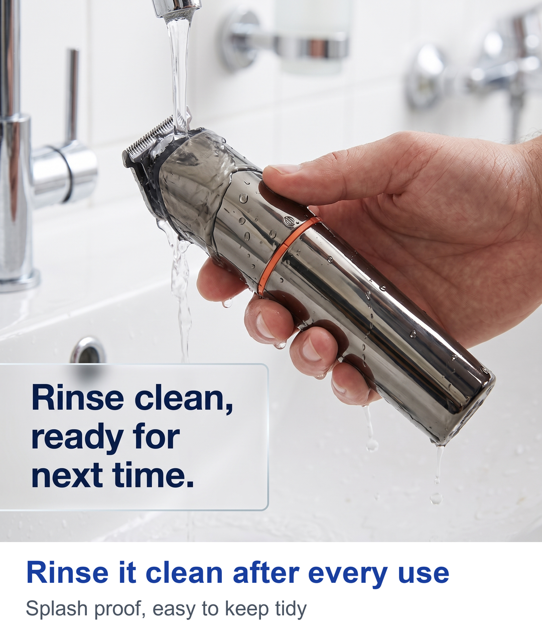 Hand rinsing the trimmer under running water at a bathroom sink