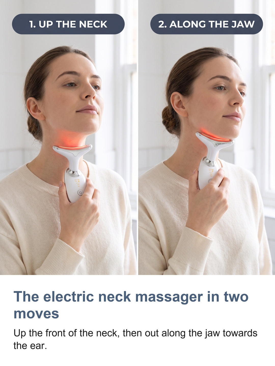 Two steps using the electric neck massager, first up the front of the neck and then out along the jaw towards the ear