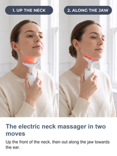 Two steps using the electric neck massager, first up the front of the neck and then out along the jaw towards the ear