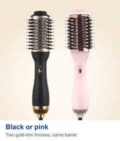 Black and pink hot air styling brushes side by side