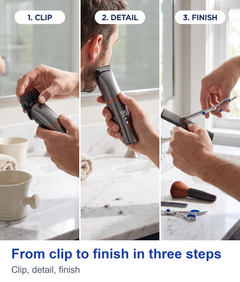 Three step panels: guide comb, detail head, finishing with scissors