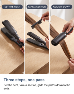 Three steps for using the flat iron: set the heat, take a section, glide it down
