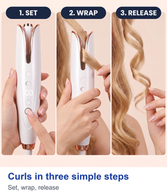 Three numbered steps to use the automatic curling iron: set heat and timer, wrap in a section of hair, release the curl