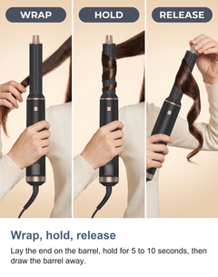Three steps to curl a section with the air curler: wrap, hold, release