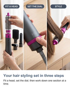 Three steps with the multi hair styler: fit a head, set the dial, then style section by section
